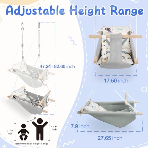 Canvas Baby Swing for Infants to Toddlers,Indoor Outdoor Wooden Hanging Swing Seat with Safety Belt and Mounting Hardware, Suitable for Ages Up to 3,Cute Animal