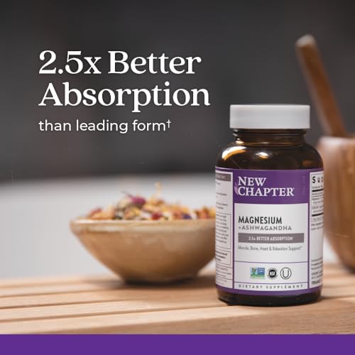 New Chapter Magnesium + Ashwagandha Supplement, 325 mg with Magnesium Glycinate, Calm & Relaxation, Muscle Recovery, Heart & Bone Health, 2.5x Absorption, Gluten Free, Non-GMO - 30 ct (1 Month Supply)