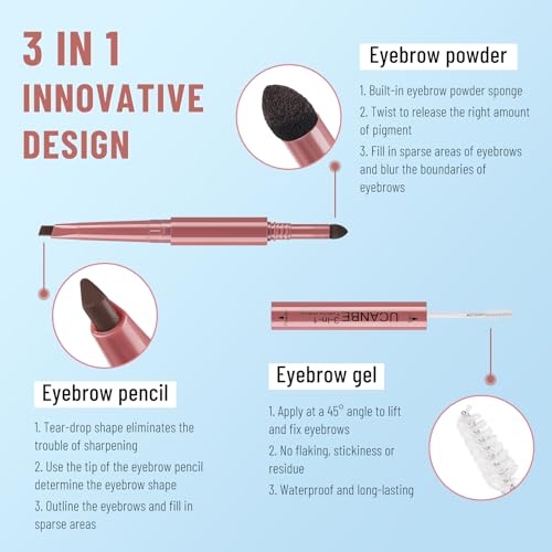 UCANBE 3-In-1 Eyebrow Makeup Pencil: Triangle Retractable Definer Eyebrow Pen, Waterproof Brow Gel And Fills Eye Brow Powder, Create Natural Brows(02 Medium Brown)