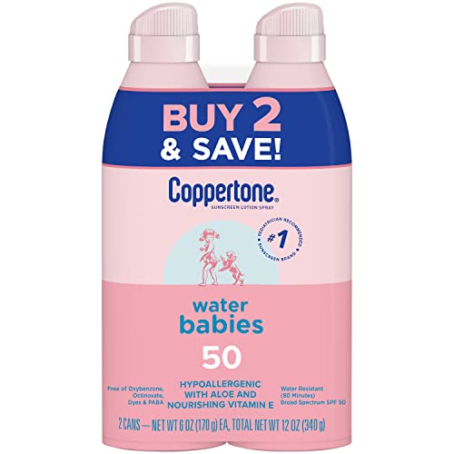 Coppertone WaterBabies Sunscreen Spray, SPF 50 Baby Sunscreen, Spray On Sunscreen, 6 Oz, 2 Pack