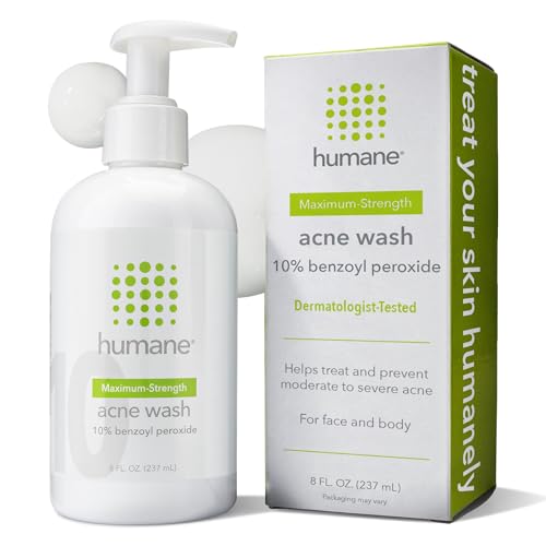 humane Benzoyl Peroxide Acne Body Wash - 10% Maximum-Strength Face, Skin, Butt, and Back Acne Treatment - 8 Fl Oz - Dermatologist-Tested Non-Foaming Acne Face Wash Cleanser - Vegan, Cruelty-Free