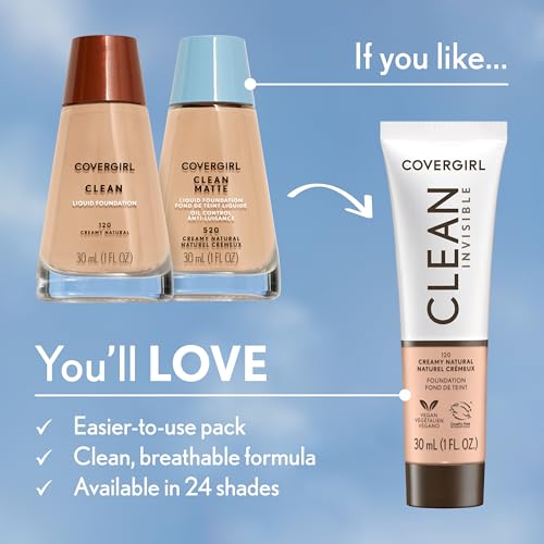 COVERGIRL Clean Invisible Foundation Makeup, Dewy & Glowy Finish, Buildable Coverage, Skin-Like Smooth Look, Vegan, Creamy Natural, 1oz