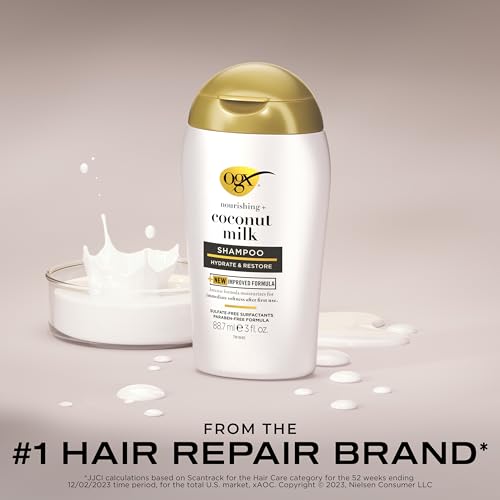 OGX Nourishing + Coconut Milk Moisturizing Shampoo, Hydrating & Restoring Shampoo Moisturizes for Soft Hair After the First Use, Paraben-Free, Travel Size, TSA-Compliant, 3 fl. oz