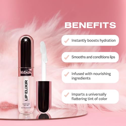 Sacheu Lip Elixir Nourishing and Hydrating Lipgloss. Moisturizing & Plumping Lip Gloss Enriched with Collagen. Non-Sticky Lip Color, Smooth High-Shine Finish. Vegan & Cruelty-Free, Bunny Ear - Clear