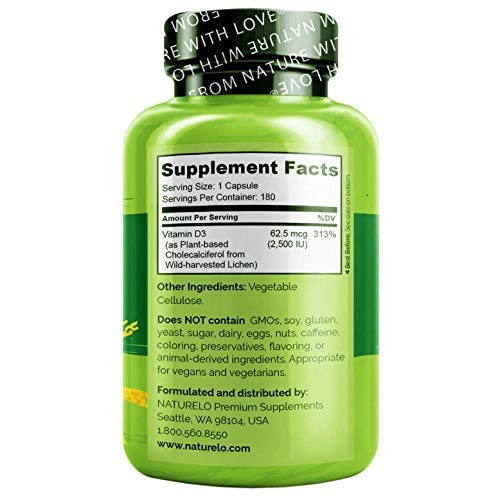 NATURELO Vitamin D3 - Lichen-Powered Immune Boost, with 2500 IU for Bone Health - Whole Food Formula - Vegan Gluten-Free - 180 Mini Capsules (Pack of 2)