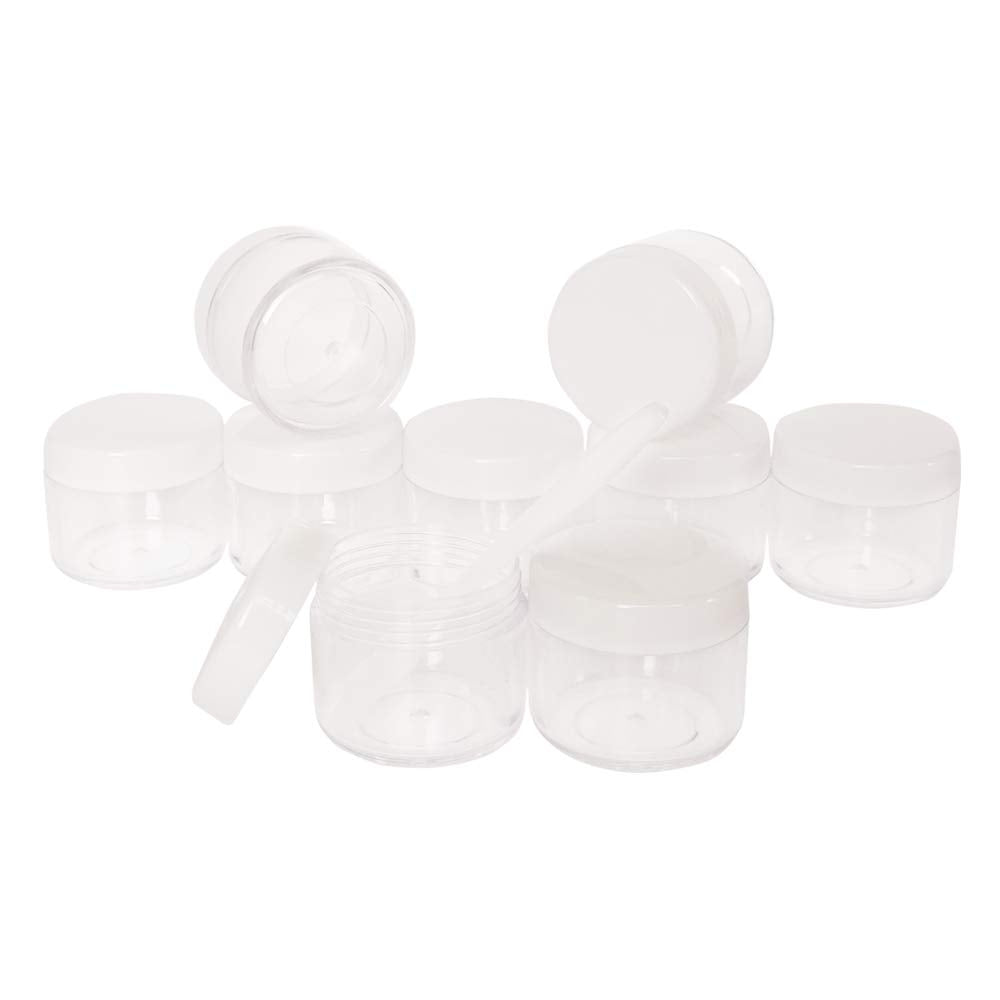 GreatforU 16pack 20g Empty Sample Jars, 20ml Small Plastic Refillable Cosmetic Container for Makeup Eyeshadow Jewelry Cream Slime Bath Lotions Oils, Clear Round Pot w/ WHITE Lid, Free Spatulas +Label