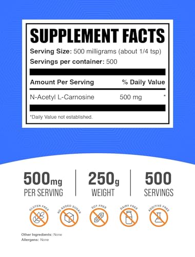 BulkSupplements.com N-Acetyl L-Carnosine Powder - Carnosine Supplement, N-Acetyl Carnosine 500mg - Gluten Free, 500mg per Serving, 250g (8.8 oz) (Pack of 1)