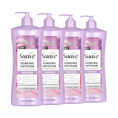 Suave Bonding Infusion Purple Toning Shampoo, for Neutralizing Brassy Tones in Blonde or Gray Hair & Repairing Broken Hair Bonds, 28oz Pump, 4 Pack
