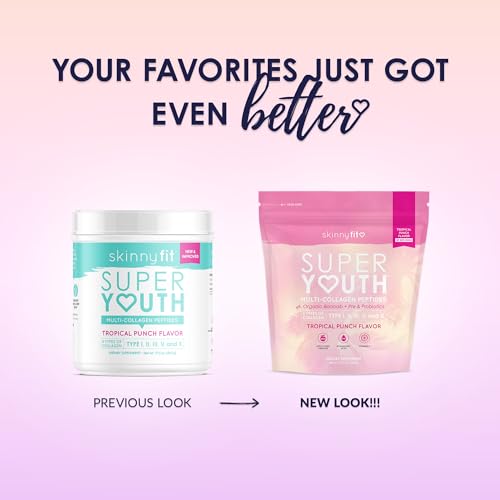 SkinnyFit Super Youth Tropical Punch Multi-Collagen Peptides + Probiotics, Baobab Fiber, Apple Cider Vinegar, Hyaluronic Acid, & Vitamin C, Skin, Hair, Joint & Metabolism Support, 30 Servings