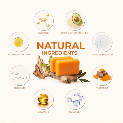 KlearBloom Kojic Acid Soap, Turmeric Soap Bar for Dark Spots with Collagen, Vitamin E, Retinol, Hyaluronic Acid, Shea Butter - 105g x 2 Bars With Holder