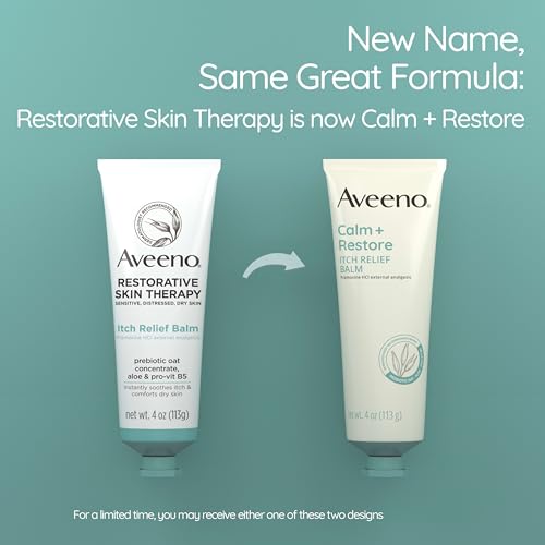 Aveeno Calm + Restore Itch Relief Body Balm for Sensitive, Delicate Skin, Pramoxine HCl Anti Itch Balm with Prebiotic Oat, Aloe & Pro-Vitamin B5 to Sooth Skin, Fragrance Free, 4 oz