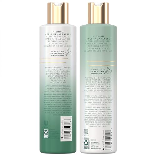 Michiru Strengthening Shampoo, Sulfate-Free & Conditioner, Silicone-Free – Japanese Hair Care, Scalp Treatment with Cherry Blossom Extract and Rice Oil, 9 Oz Each (2 Piece Set)