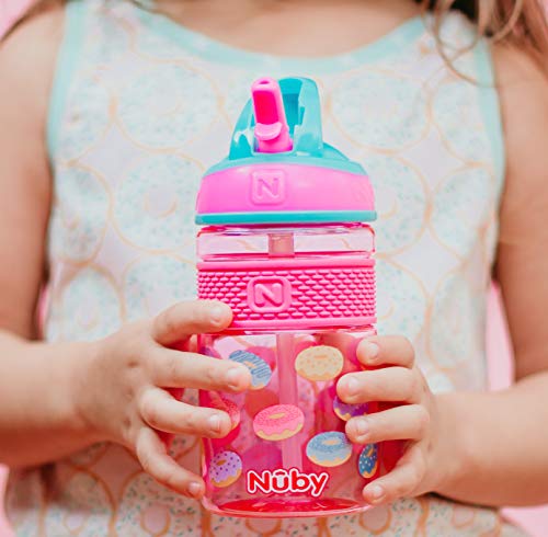 Nuby Thirsty Kids Flip-it Freestyle On the Go Water Bottle with Bite Resistant Hard Straw Cup and Easy Grip Band, Pink Donuts, 12 Ounce