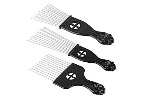 3Pc Metal Hair Styling Pik Afro Pick Comb For Volume Tangles Black Fan Fist Hand Model