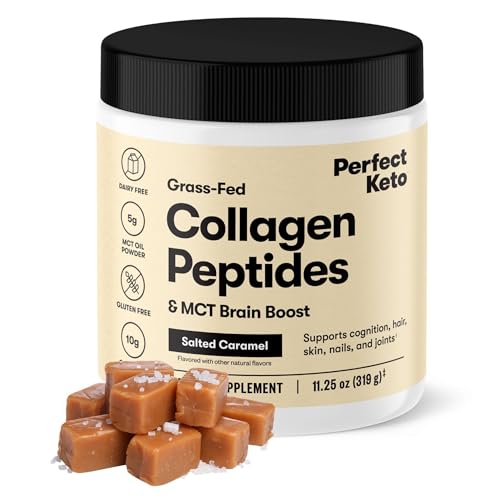 Perfect Keto Collagen Peptides Protein Powder with MCT Oil, Hydrolyzed Collagen, Type I & III Supplement, Gluten Free Grass Fed, Low Carb, Keto Coffee Creamer, Collagen for Women & Men, Salted Caramel