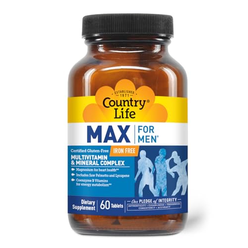 Country Life Max for Men, Multivitamin & Mineral Complex, Iron-Free, Vegetarian Tablets, 60 Count, Certified Gluten Free, Certified Vegetarian