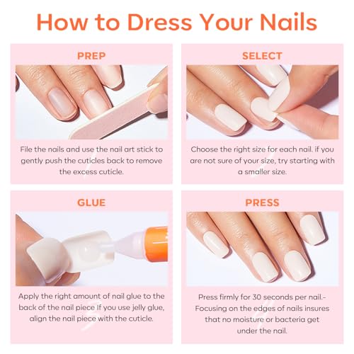Modelones French Tip Press on Nails Almond, Fall Halloween Short Almond Fake Nails, Reusable Nail Kit with Nail Glue Adhesive Tabs Mini Nail File, Nails Press Ons 32Pcs 16 Sizes