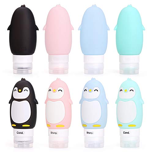 AUTENS Leakproof Silicone Travel Bottles Accessories Set, 3oz (90ml) 4 Pack Refillable Cute Penguin Travel Containers for Shampoo, Conditioner, Liquid, Lotion, Sunscreen - FDA, TSA Approved & BPA Free