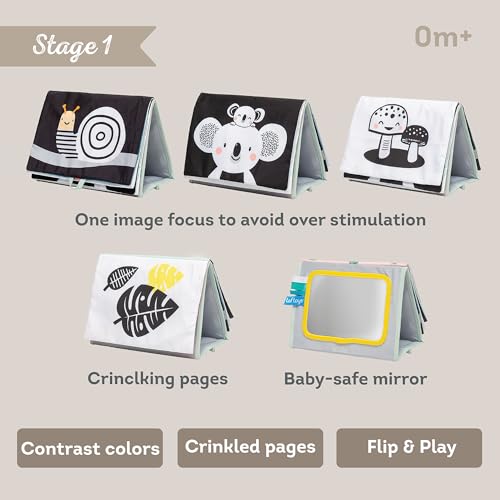Tummy Time Toys High Contrast Baby Book. Fun, Interactive Crinkle Books for Babies with Mirror & Soft Koala Teether - Baby Tummy Time Book by Taf Toys