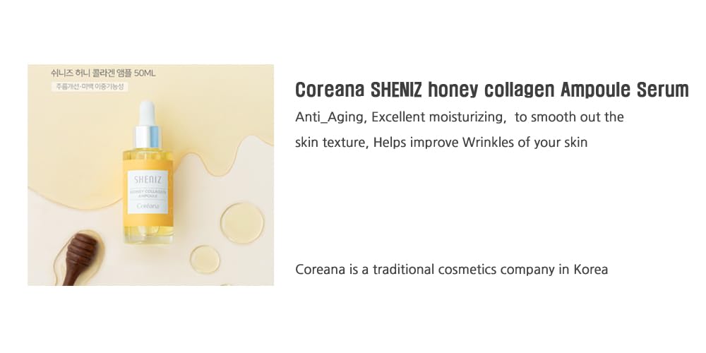 Coreana SHENIZ honey collagen Ampoule, Korean face serum, Marine Collagen 100000PPM, Anti-Aging, moisturizing, Complete with lively and glossy skin, 1.69fl.oz