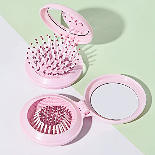 Trikeel Mini Hair Brush Pink for Girl, Round Little Mirror with Fine Brush for Women,Travel Hair Comb with Mirror,Round Compact Brush for Pocket or Backpack.