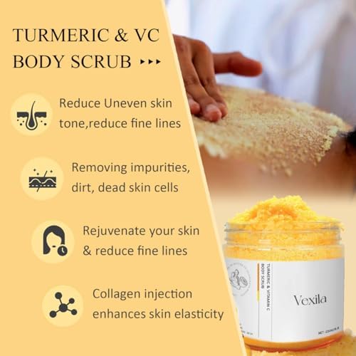 Turmeric & Vitamin C Body Scrubs For Women - All Natural Turmeric Scrub - Moisturizing, and Exfoliating, Body, Face, Foot, Hand Scrub, Nourishes Skin, Deep Cleansing (8.8 Ounce Pack of 1)