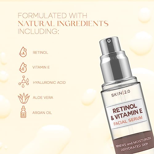 Skin 2.0 Retinol & Vitamin E Face Serum - 1.69 Fl. oz, Cruelty-Free, Reduces Acne Scars, Wrinkles, Anti-Aging, Skin Renewal, Hydrating, Korean Beauty