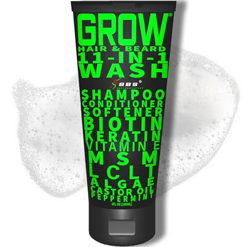 GROW Hair & Beard 11-in-1 Wash: Shampoo, Conditioner Softener, Biotin, Castor Oil, Peppermint Essential Oil, Vitamin E, MSM, Keratin, Algae, LCLT - Supports Healthy Growth - Vegan - BBS USA Product
