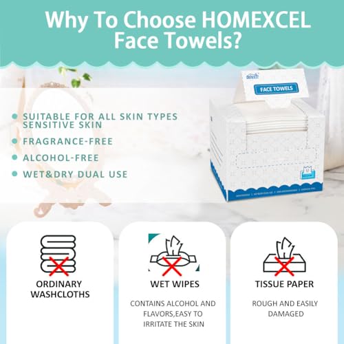 HOMEXCEL Face Towels, Disposable Face Towelette, Biodegradable Makeup Remover Dry Wipes 50 Count, Super Soft Clean Facial Towels Wash Cloth for Sensitive Skin