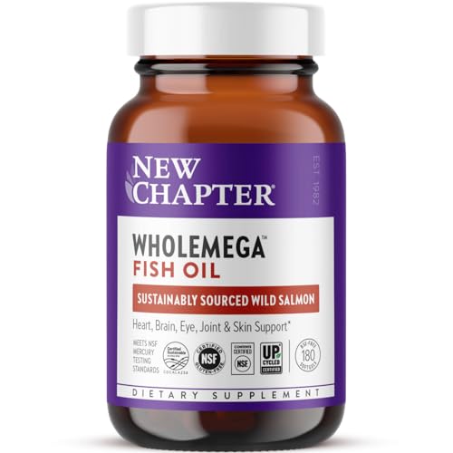 New Chapter Wholemega Fish Oil Supplement - Wild Alaskan Salmon Oil with Omega-3 + Vitamin D3 + Astaxanthin + Sustainably Caught - 180 ct, 1000mg Softgels