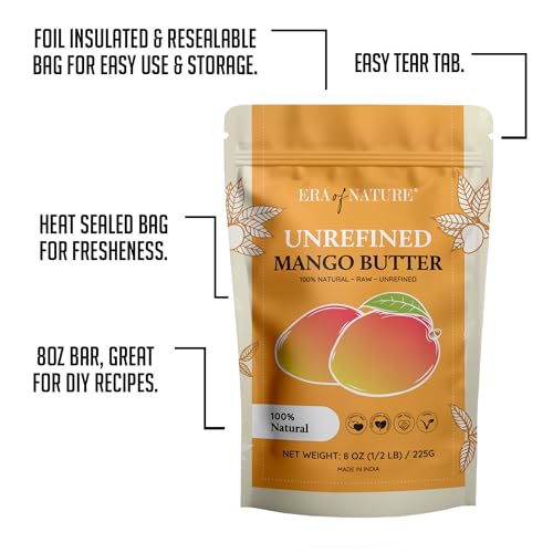 era of nature Organic Unrefined Raw MANGO BUTTER BLOCK Bulk, Skin Moisturizing, Use Alone or in DIY Body Butters, Soaps, Lotions and lip balm - 8oz