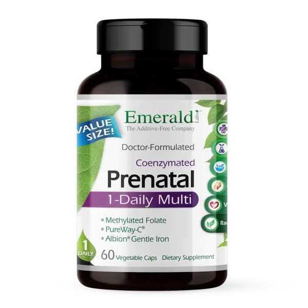 EMERALD LABS Prenatal 1-Daily Multi - Prenatal Multivitamin with Methylated Folate, Iron, Whole-Food Blend & More - Soy-Free, Gluten-Free - 60 Vegetable Capsules