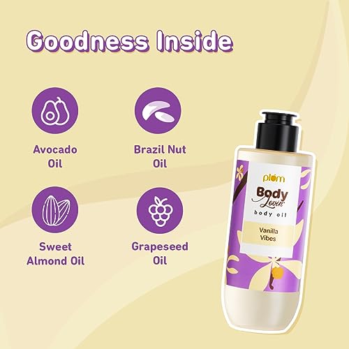 Plum Vanilla Body Oil with Avocado Oil, Coconut Oil & Carrot Seed Oil, 100% Pure Moisturizing Oil, Detoxifying, Omega-3 Fatty Acids, Vitamins A, D, E for Nourishing, Paraben & Silicone Free, 6.7 Fl Oz