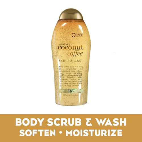 OGX Smoothing + Coconut Coffee Exfoliating Body Scrub with Arabica Coffee & Coconut Oil, Moisturizing Body Wash for Dry Skin, Paraben-Free with Sulfate-Free Surfactants, 19.5 Fl Oz, 2 Pack