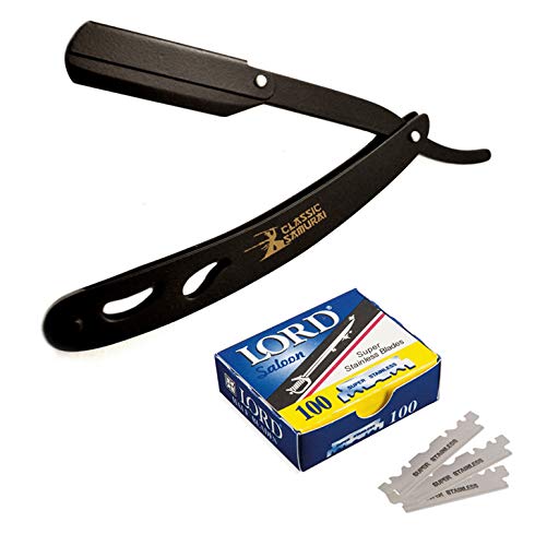 Classic Samurai CS-102 Matte Black Folding Straight Razor, Shavette with 100 Derby Premium Single Edge Razor Blades (Black)