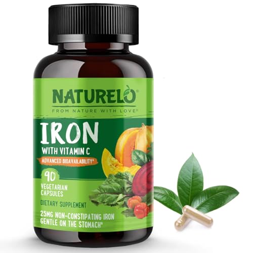 NATURELO Vegan Iron Supplement with Vitamin C and Organic Whole Foods - Gentle Pills for Women & Men w/Iron Deficiency Including Pregnancy, Anemia Diets 90 Mini Capsules
