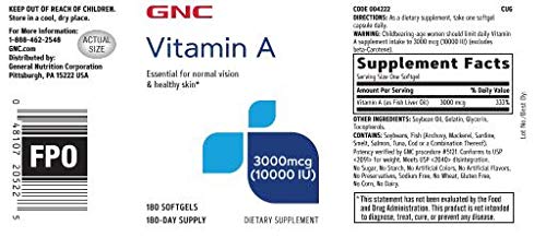 GNC Vitamin A 3000mcg Supplement, Supports Normal Vision and Healthy Skin, 180 Servings