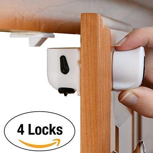 Baby Proof with Invisible Child Safety Locks-Super-Hold Magnetic Cabinet Locks-Easy to Install with 3M Adhesive & Installation Guide-No Drilling-No Damage to Doors or Drawers (4 Locks + 1 Key)