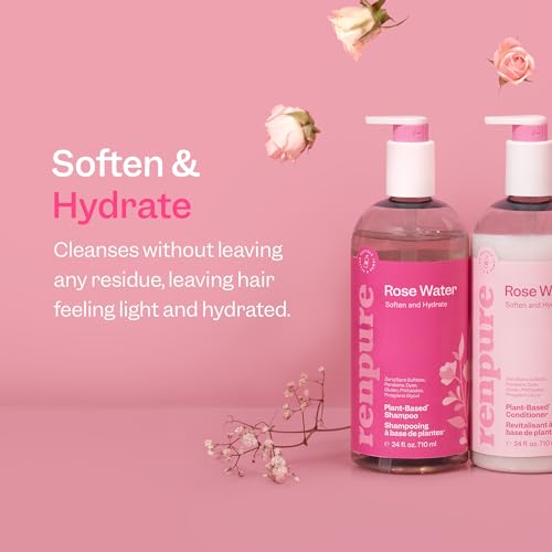 RENPURE Plant-Based Rose Hydrating Shampoo for Dry Hair - Sulfate-Free, Paraben-Free, Cruelty-Free & Color-Safe - Naturally Moisturizing & Refreshing for Women