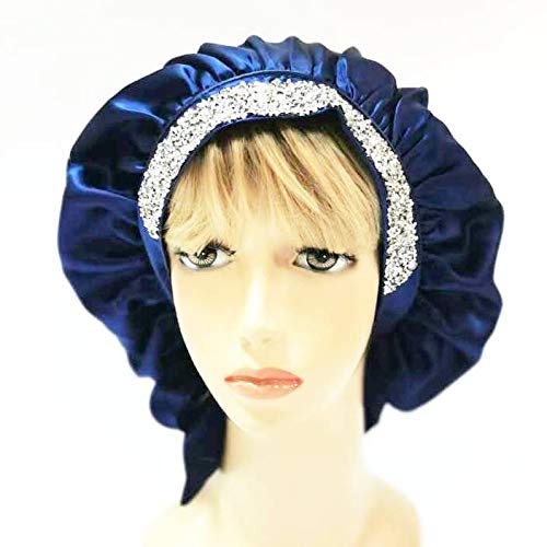 Imprint By Mau Large Size Soft Silk Bling Bonnet Sleep Cap, Extra Large for Braids, Satin Smooth Rhinestone Night Hat with Wide Comfort Band, Prevents Hair Damage and Frizz (Royal Blue)