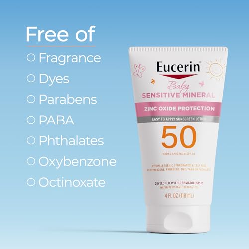 Eucerin Sun Sensitive Mineral Baby Sunscreen Lotion SPF 50 with Zinc Oxide Protection, Hypoallergenic Mineral Sunscreen for Babies, Tear Free and Fragrance Free, 4 Fl Oz Tube