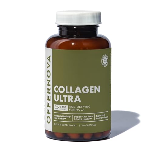 Offernova Collagen Ultra Hydrolyzed Collagen Supplements - 3000mg Anti Aging Bovine Collagen Peptides for Healthy Joints, Bones, Hair and Skin. Pastilla de Colageno Hidrolizado, 90 Capsules