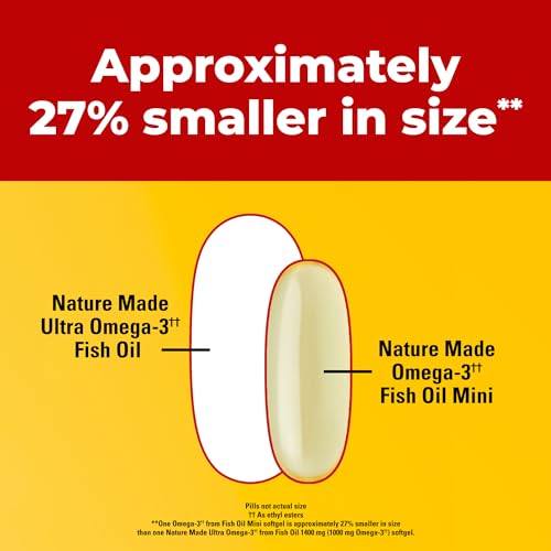 Nature Made Extra Strength Burp Less Omega 3 Fish Oil 1400 mg Minis, Fish Oil Supplements as Ethyl Esters for Healthy Heart, Brain and Eyes Support, Omega 3 Supplement, 60 Softgels, 30 Day Supply