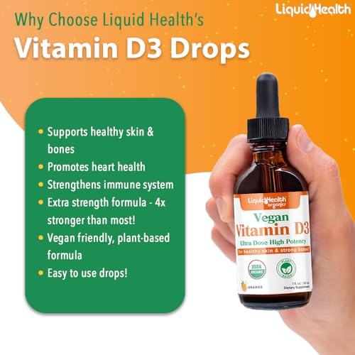 LIQUIDHEALTH Liquid Vitamin D3 5000 IU, Organic Vitamin D Liquid Drops, Adults & Kids, Vegan Liquid Vitamin D for Immune Support, Bone Health, Mood Support - (2pack)