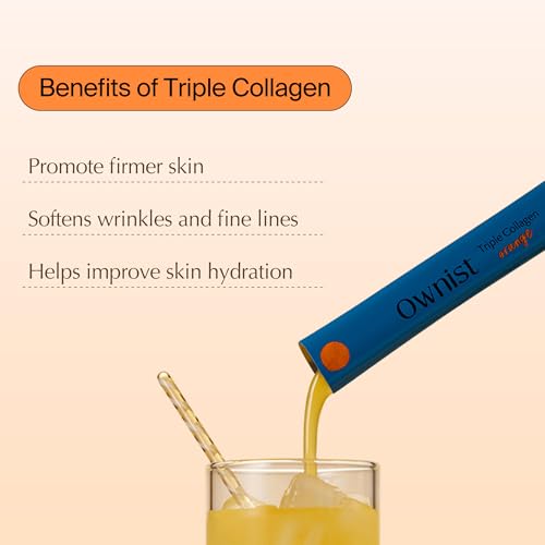 Ownist Triple Collagen Liquid Packets On-The-Go - Peptides with Hydrolyzed Marine Collagen, Elastin, Hyaluronic Acid and Vitamin for Healthy Skin - Orange Flavor - 14 Individual Stick Packs