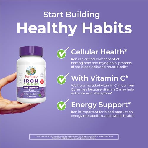 MaryRuth Organics Iron Suppleme nt Gummies for Adults | Sugar Free | Gummy Iron Supplements Vitamin C for Ages 14 | Iron Supplement for Iron Deficiency | Immune Support | Vegan | Non-GMO | 60 Count