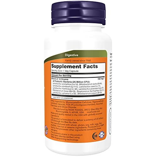 NOW Foods Supplements, Probiotic-10™, 25 Billion, with 10 Probiotic Strains, Dairy, Soy and Gluten Free, Strain Verified, 100 Veg Capsules