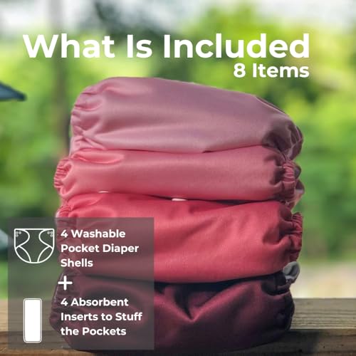 Nora's Nursery Cloth Pocket Diapers 4 Pack with 4 Inserts - Waterproof Cover, Washable, Reusable & One Size Adjustable Pocket Diapers for Newborns and Toddlers - Berry Mauve