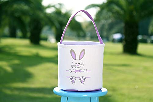 Easter Bunny Basket Egg Bags for Kids,Canvas Cotton Personalized Candy Egg Basket Rabbit Print Buckets with Fluffy Tail Gifts Bags for Easter……