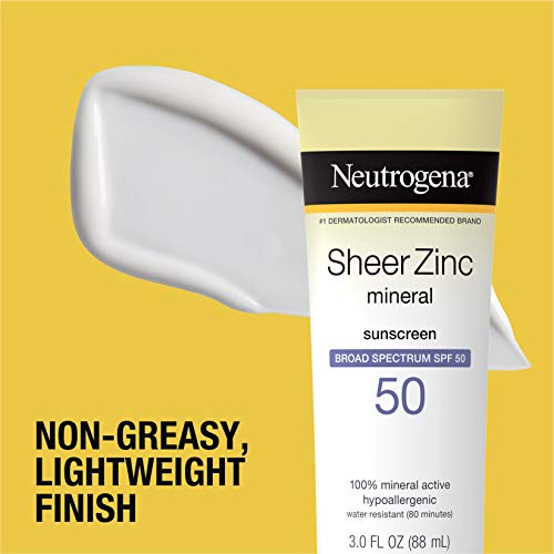 Neutrogena Sheer Zinc Oxide Dry-Touch Sunscreen Lotion with Broad Spectrum SPF 50, Water-Resistant, Hypoallergenic & Non-Greasy Mineral Sunscreen, 3 fl. oz